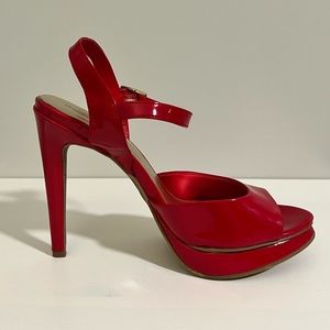 Red patent party open-toed pumps sz 8